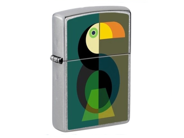 Zippo szálcsiszolt króm benzines öngyújtó – Modern geometrikus tukán mintával